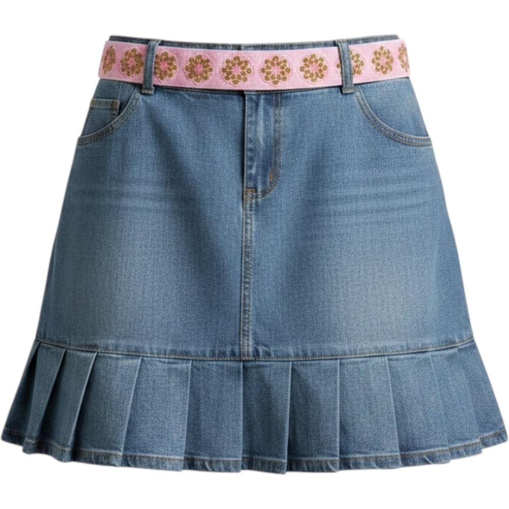 Angels Jeans Blue Denim Pleated Mini Skirt with Pink Floral Belt Size 17 Y2K